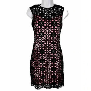 Bee Darlin Sz 16/17 Laser Cutout Mini Dress Neon Pink Black Lace Sleeveless NEW